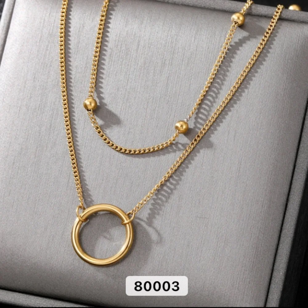 18K Gold Plated Stainless Steel Double Chain Circle; Fashion Necklace - Picture 1 of 2